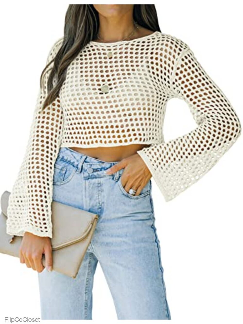 Womens Crochet Crop Top Long Sleeve Mesh Fishnet Summer Cover Up